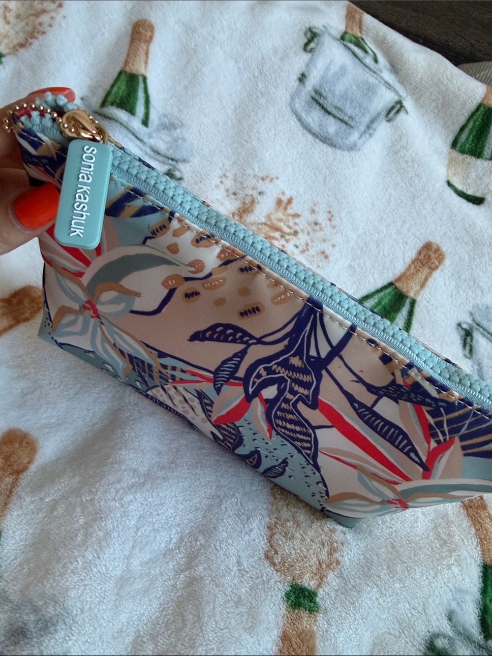 Sonia Kashuk Floral Zip Cosmetic Pouch in Light Blue, Navy & Coral